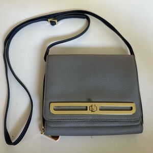 Vince Camuto Crossbody Bag -Small Gray Leather / Navy Accent w/Golden Hardware